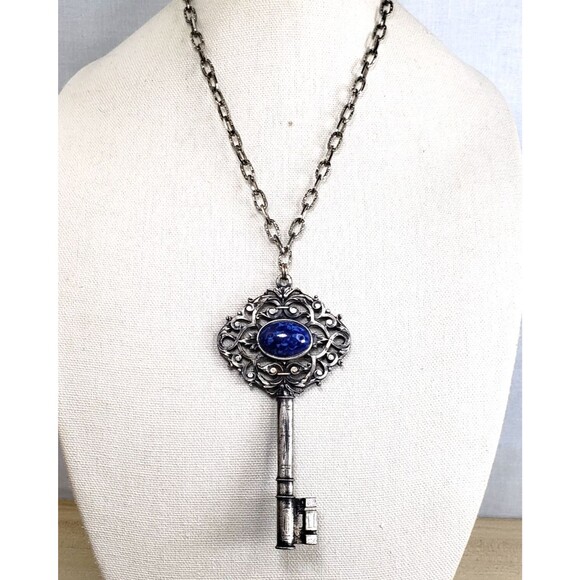 Vintage 1970's Direction One Faux Lapis Lazuli Cabochon Pewter Key Pendant